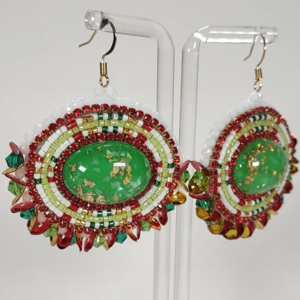 Handmade Beaded Oval With Green Accents Christmas Themed Fishhook Post Earrings